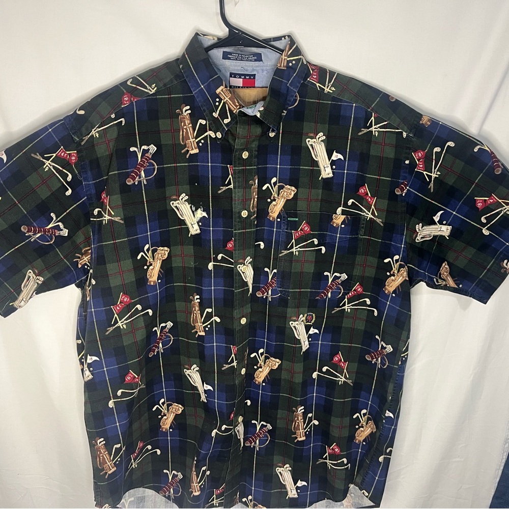 Tommy Hilfiger casual button down, with rare golf clubs design.